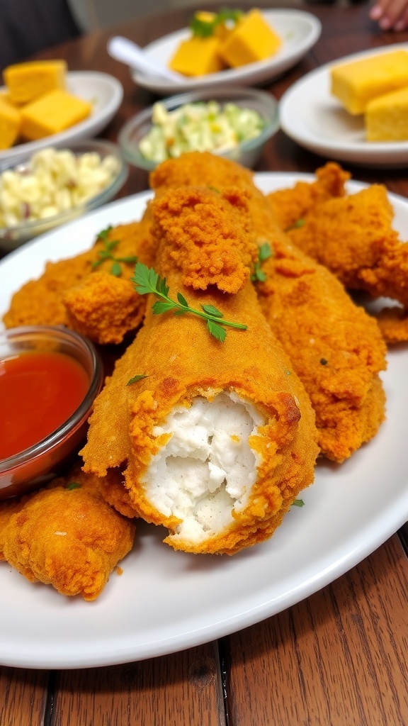 A plate of crispy fried chicken garnished with herbs, served with dipping sauce and side dishes.